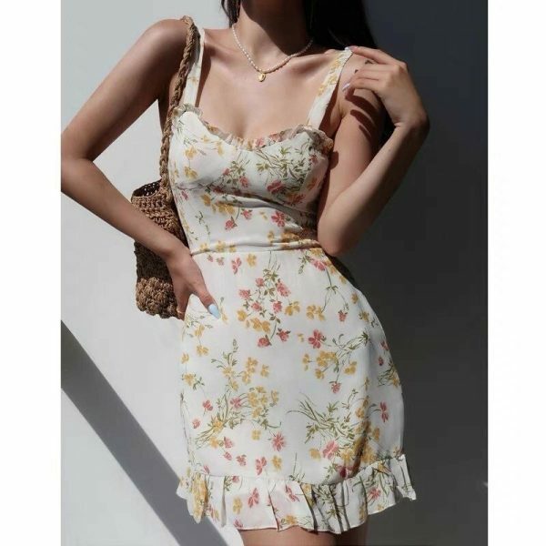 Cream Floral Milkmaid Mini Dress - Y2K Streetwear Aesthetic