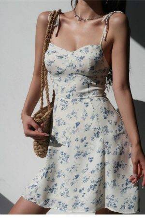 Cream White Floral Mini Strap Dress Y2K Streetwear Aesthetic