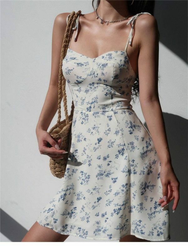 Cream White Floral Mini Strap Dress Y2K Streetwear Aesthetic