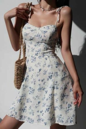 Cream White Floral Mini Strap Dress Y2K Streetwear Aesthetic