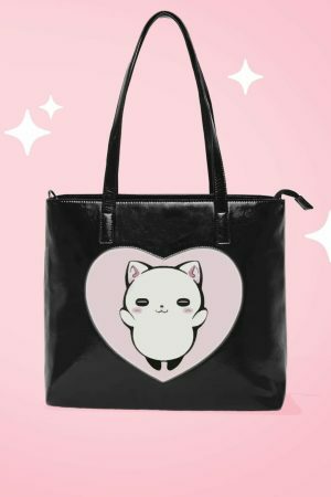 Curio Cat Kitty Heart Shaped Fashion Bag - Y2K Neko Love Tote