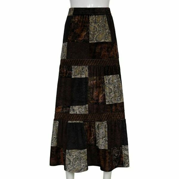 Cute Brown Y2K Streetwear Long Skirt with Boho Grunge Aesthetics