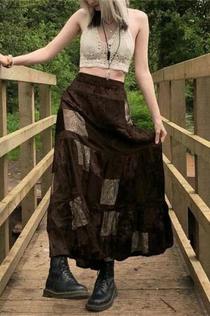 Cute Brown Y2K Streetwear Long Skirt with Boho Grunge Aesthetics