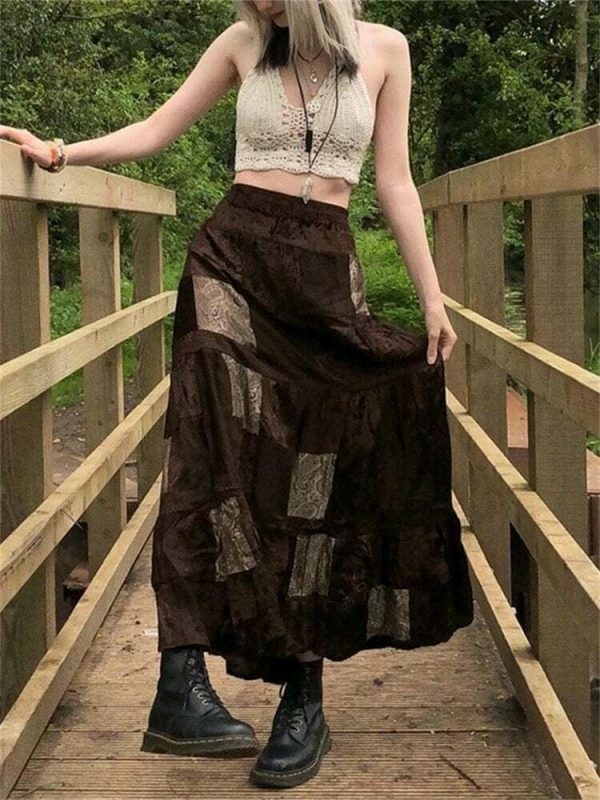 Cute Brown Y2K Streetwear Long Skirt with Boho Grunge Aesthetics