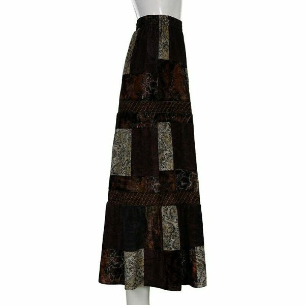 Cute Brown Y2K Streetwear Long Skirt with Boho Grunge Aesthetics