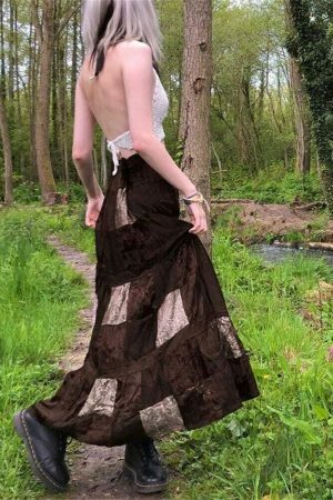 Cute Brown Y2K Streetwear Long Skirt with Boho Grunge Aesthetics