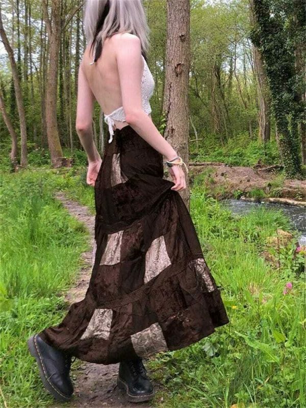 Cute Brown Y2K Streetwear Long Skirt with Boho Grunge Aesthetics