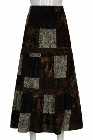 Cute Brown Y2K Streetwear Long Skirt with Boho Grunge Aesthetics