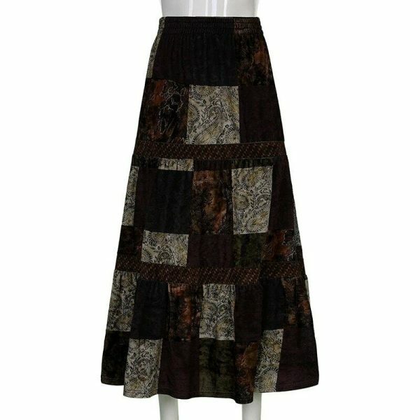 Cute Brown Y2K Streetwear Long Skirt with Boho Grunge Aesthetics