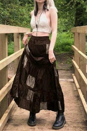 Cute Brown Y2K Streetwear Long Skirt with Boho Grunge Aesthetics