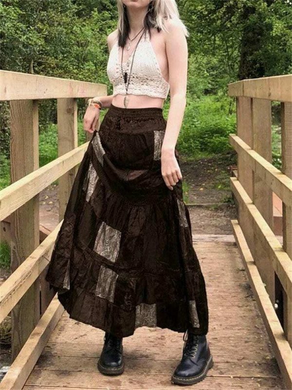 Cute Brown Y2K Streetwear Long Skirt with Boho Grunge Aesthetics