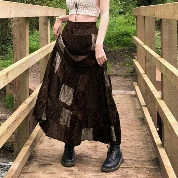 Cute Brown Y2K Streetwear Long Skirt with Boho Grunge Aesthetics