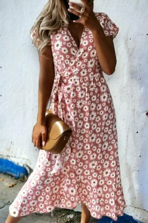 Daisy Flower Print V-Neck Midi Dress - Y2K Streetwear Aesthetic