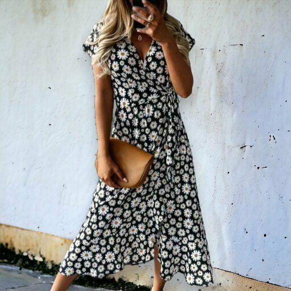 Daisy Flower Print V-Neck Midi Dress - Y2K Streetwear Aesthetic