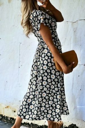 Daisy Flower Print V-Neck Midi Dress - Y2K Streetwear Aesthetic