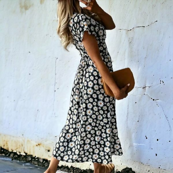 Daisy Flower Print V-Neck Midi Dress - Y2K Streetwear Aesthetic