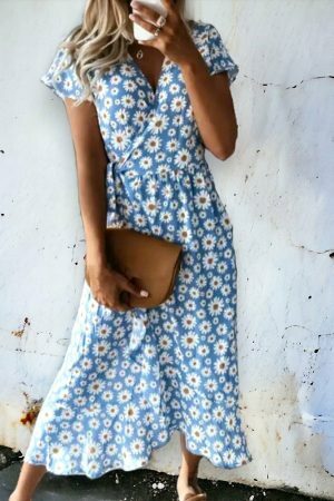 Daisy Flower Print V-Neck Midi Dress - Y2K Streetwear Aesthetic