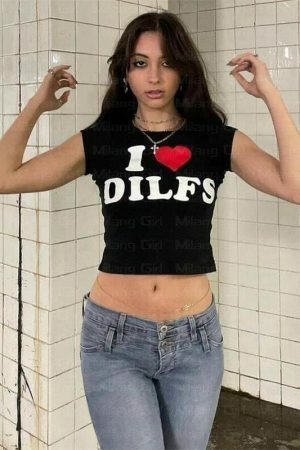 DILFS Y2K Slogan Crop Tee Retro Letter Cropped Top Women's Streetwear