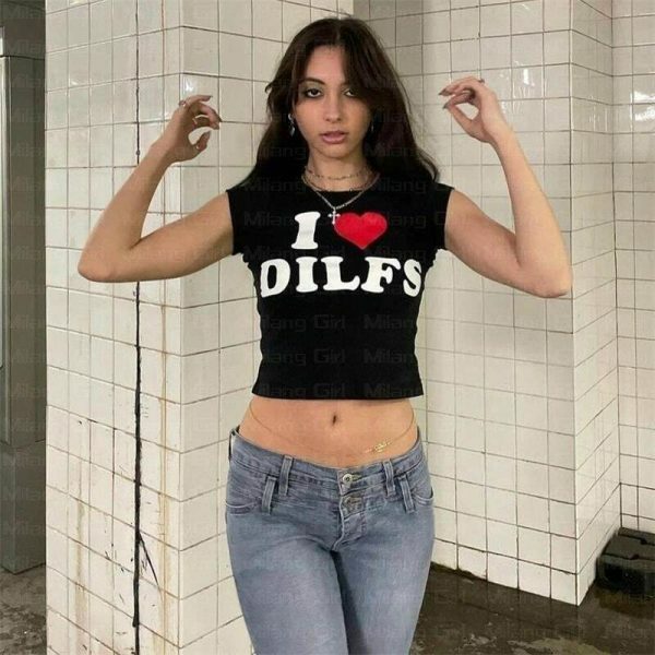 DILFS Y2K Slogan Crop Tee Retro Letter Cropped Top Women's Streetwear