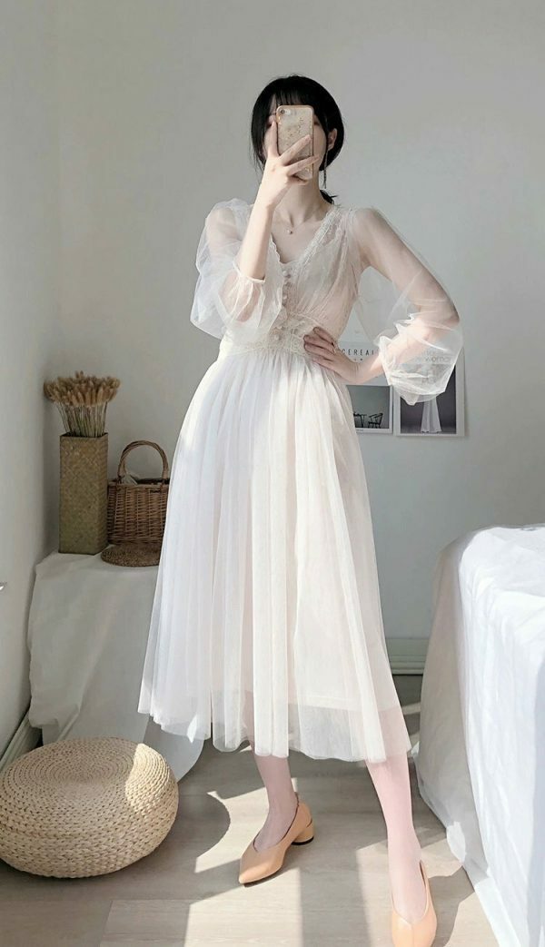 Elegant Puff Sleeve A-Line Dress with Lace Mesh Detail