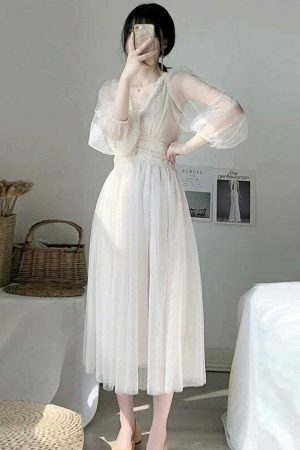 Elegant Puff Sleeve A-Line Dress with Lace Mesh Detail