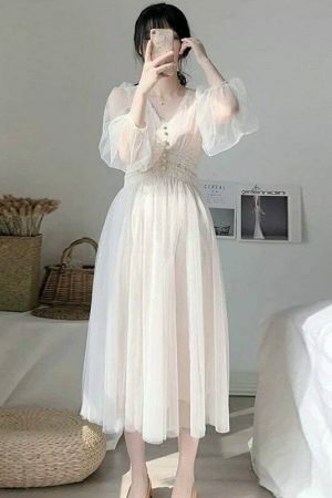 Elegant Puff Sleeve A-Line Dress with Lace Mesh Detail