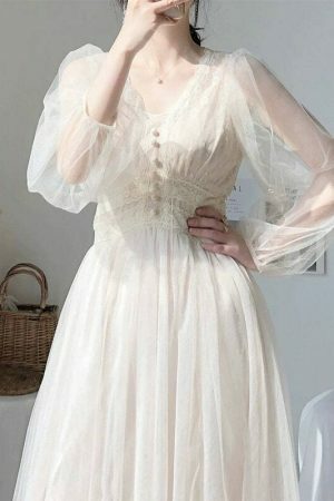 Elegant Puff Sleeve A-Line Dress with Lace Mesh Detail