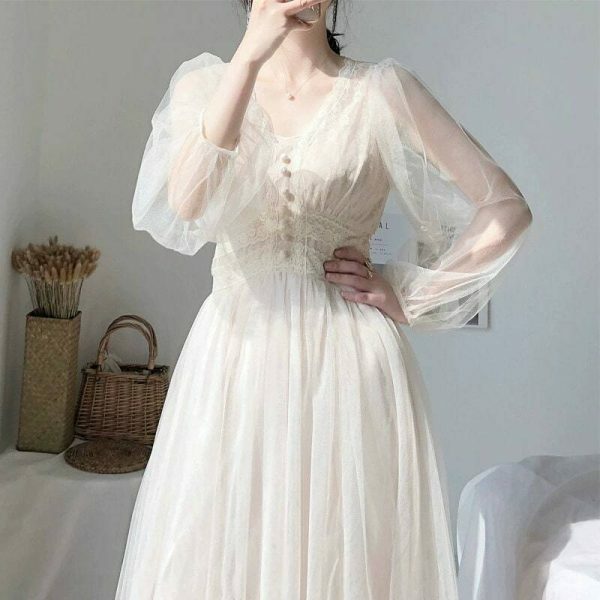 Elegant Puff Sleeve A-Line Dress with Lace Mesh Detail