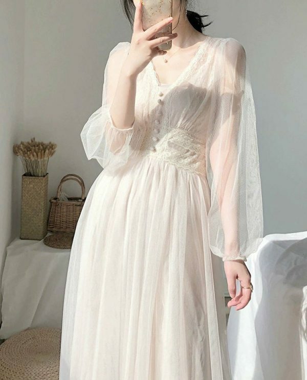 Elegant Puff Sleeve A-Line Dress with Lace Mesh Detail