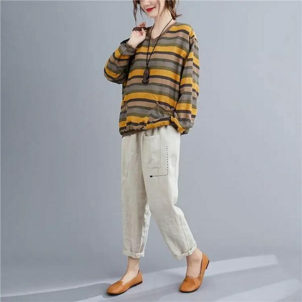 Elegant Y2K Striped Linen Top for Women, Casual Loose Yellow Tee