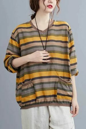 Elegant Y2K Striped Linen Top for Women, Casual Loose Yellow Tee