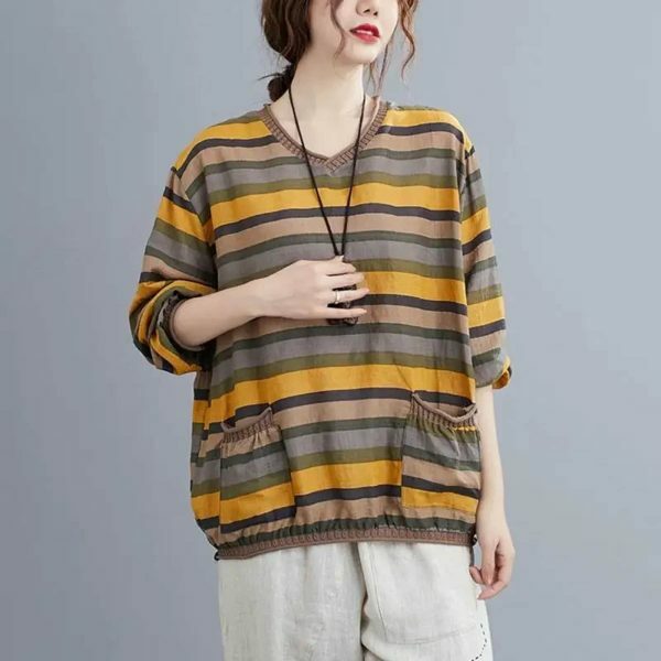 Elegant Y2K Striped Linen Top for Women, Casual Loose Yellow Tee