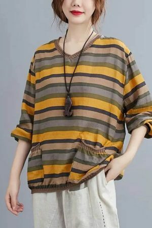 Elegant Y2K Striped Linen Top for Women, Casual Loose Yellow Tee