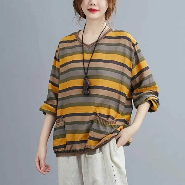 Elegant Y2K Striped Linen Top for Women, Casual Loose Yellow Tee