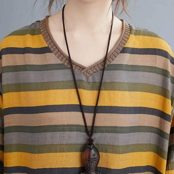 Elegant Y2K Striped Linen Top for Women, Casual Loose Yellow Tee