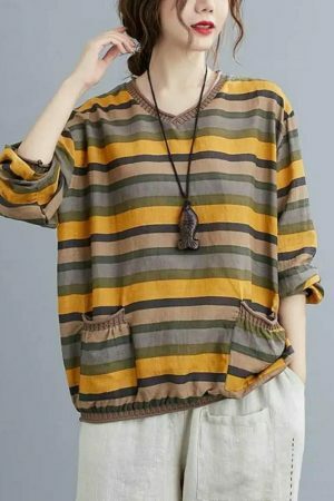 Elegant Y2K Striped Linen Top for Women, Casual Loose Yellow Tee