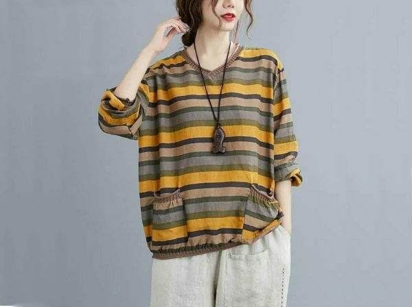 Elegant Y2K Striped Linen Top for Women, Casual Loose Yellow Tee