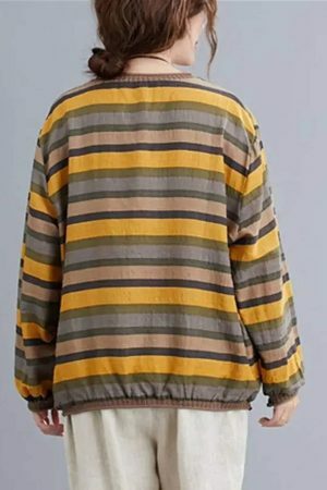 Elegant Y2K Striped Linen Top for Women, Casual Loose Yellow Tee