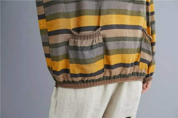 Elegant Y2K Striped Linen Top for Women, Casual Loose Yellow Tee