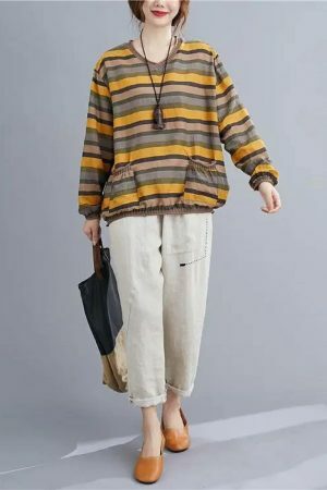 Elegant Y2K Striped Linen Top for Women, Casual Loose Yellow Tee