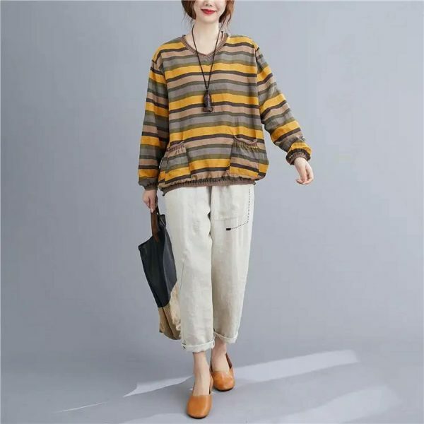 Elegant Y2K Striped Linen Top for Women, Casual Loose Yellow Tee