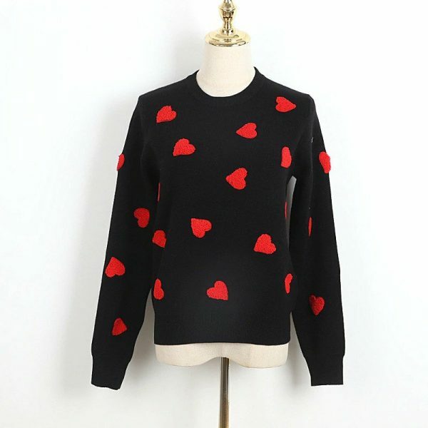 Embroidered Heart Y2K Streetwear Sweater - Women's Loose Fit Long Sleeve