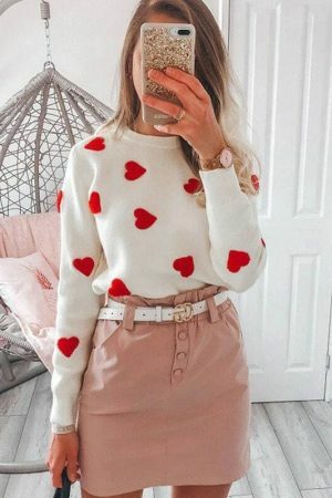 Embroidered Heart Y2K Streetwear Sweater - Women's Loose Fit Long Sleeve