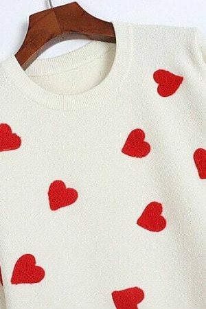 Embroidered Heart Y2K Streetwear Sweater - Women's Loose Fit Long Sleeve