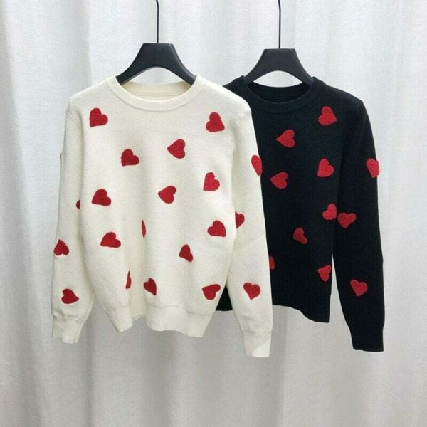 Embroidered Heart Y2K Streetwear Sweater - Women's Loose Fit Long Sleeve