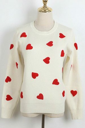 Embroidered Heart Y2K Streetwear Sweater - Women's Loose Fit Long Sleeve