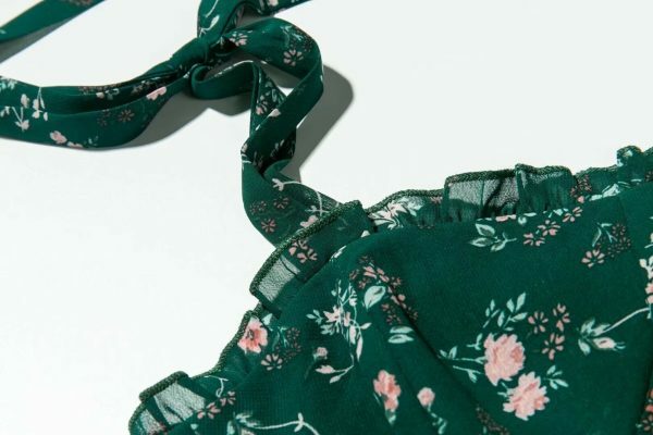 Emerald Green Floral Midi Dress with Pink Flowers - Y2K Streetwear Aesthetic