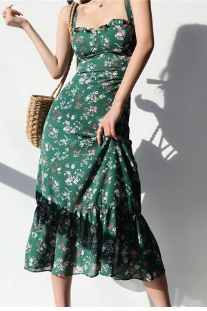 Emerald Green Floral Midi Dress with Pink Flowers - Y2K Streetwear Aesthetic