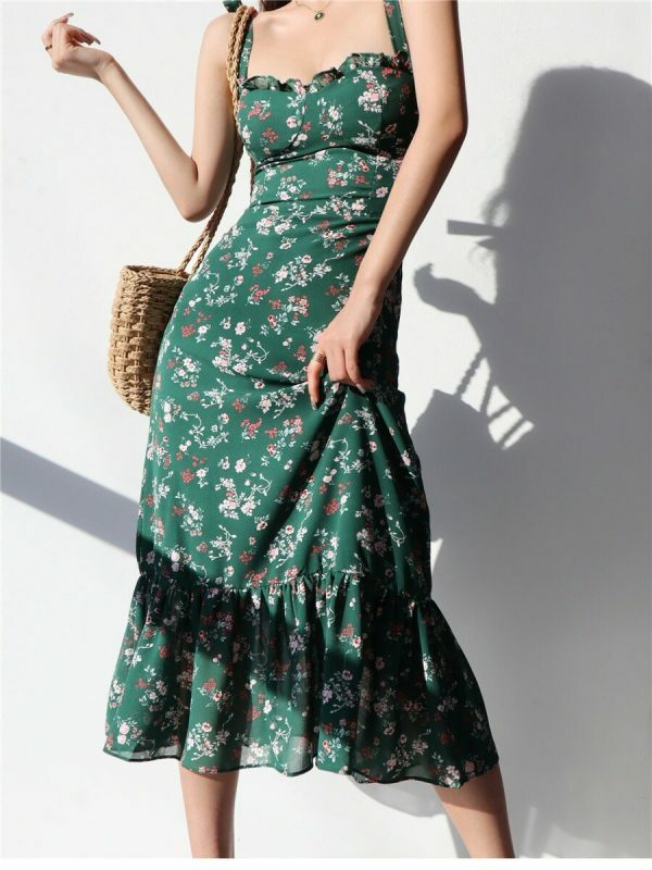 Emerald Green Floral Midi Dress with Pink Flowers - Y2K Streetwear Aesthetic