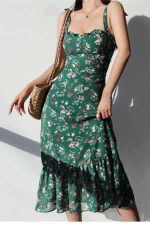 Emerald Green Floral Midi Dress with Pink Flowers - Y2K Streetwear Aesthetic